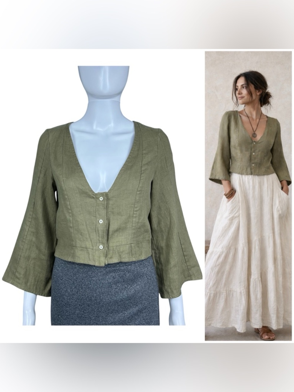 Zii Ropa 100% Linen Button Front Bell Sleeve Top Size XS Green Lagenlook Blouse